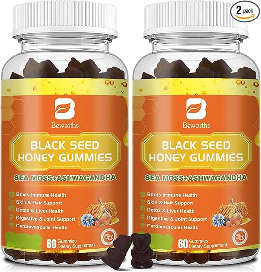 (2 Pack) Black Seed Oil Sea Moss Gummies with Ashwagandha, Burdock Root, Linden Honey, Elderberry, Turmeric, Vitamin C, D3 & Zinc - Supports Immunity, Joints, Digestion, Hair & Skin, Vegan Gummies 120