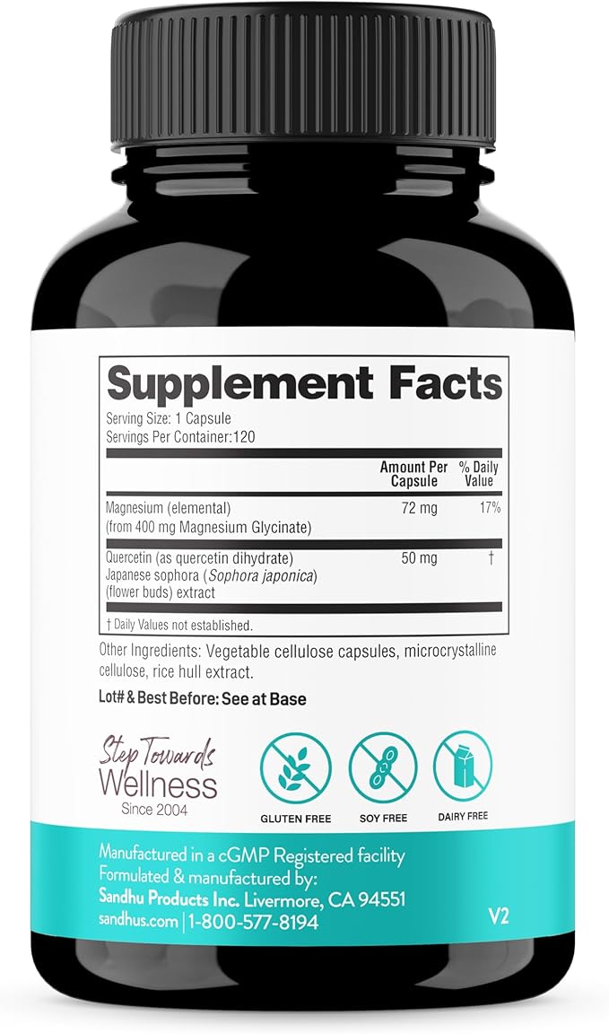 Sandhu's Quercetin with Magnesium Glycinate Capsules for Men & Women | Supports Immune Health, Quality Sleep & Relaxation | 120 Count (Pack of 1)