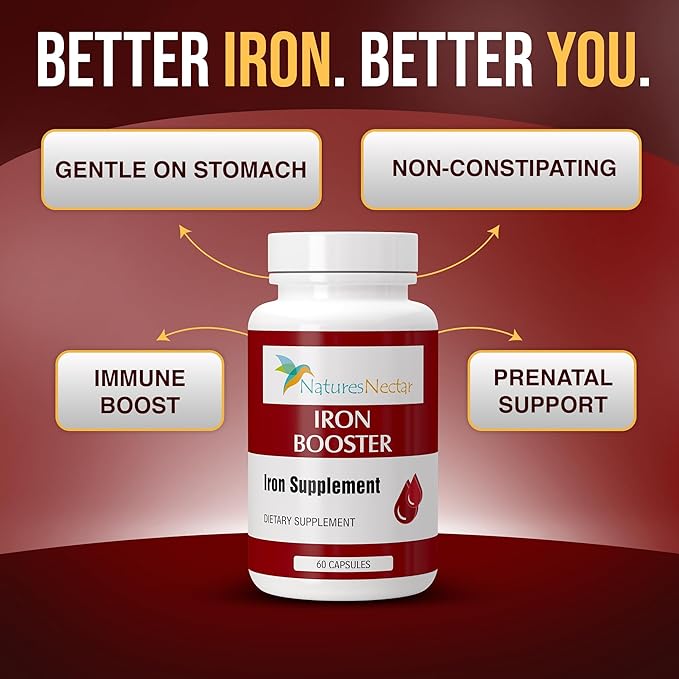 Nature's Nectar Iron Booster - Iron Supplement for Women - Helps Boost Red Blood Cell Production with Slow Release Non Constipating Ferrous Pills for Women - Best for Anemia