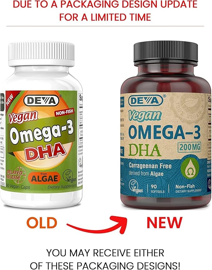 DEVA Vegan Omega-3 DHA Supplement - Once-Per-Day Softgels 200 MG - Carrageenan Free - Gelatin Free - Non-Fish - Algae Oil Omega-3 Fatty Acids - 90 Softgels (Pack of 2)