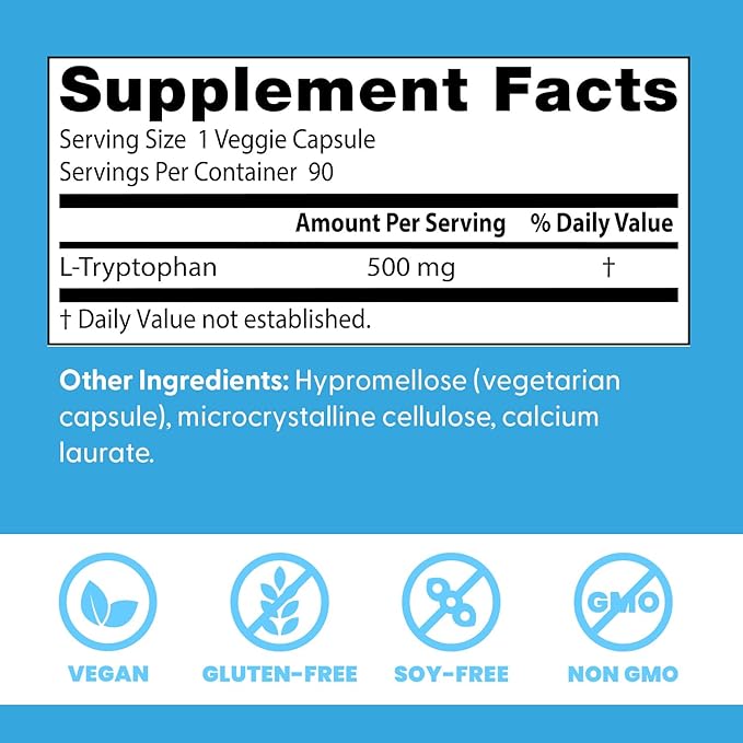 Doctor's Best L-Tryptophan , Helps Sleep, Healthy Mood & Behavior, Non-GMO, Vegan, Gluten & Soy Free, Veggie Caps, Promotes Normal, Healthy Restful Sleep, 90 Count
