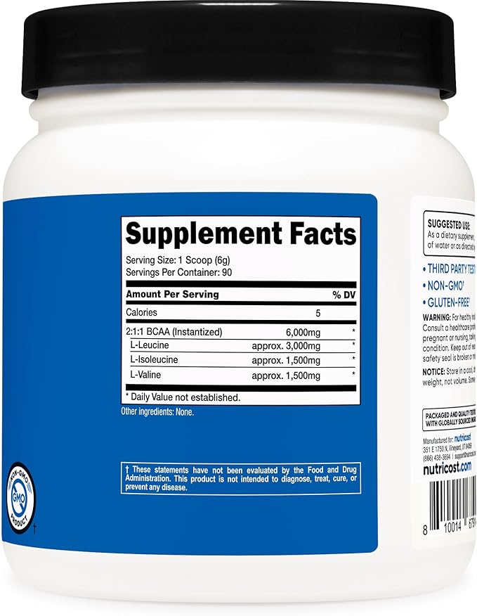 Nutricost BCAA Powder 2:1:1 (90 Servings, No Flavor Added) - Branched Chain Amino Acids