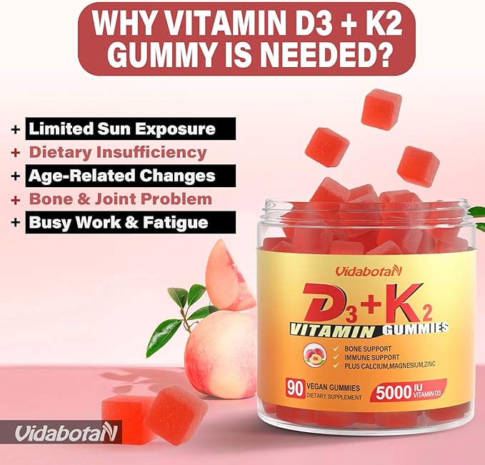 Sugar Free Vitamin D3 K2 Gummies, Vitamin D3 5000IU & Vitamin K2(MK7) 120mcg with Calcium, Magnesium and Zinc for Bone, Teeth, Muscle, Natural Peach Flavor, Vegan, 90 chewable Gummies