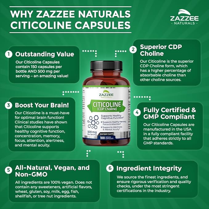 Zazzee Extra Strength Citicoline, 500 mg per Serving, 100 Vegan Capsules, Superior CDP Choline Form, 100% Vegetarian and Pharmaceutical Grade, 50-Day Supply, All-Natural and Non-GMO