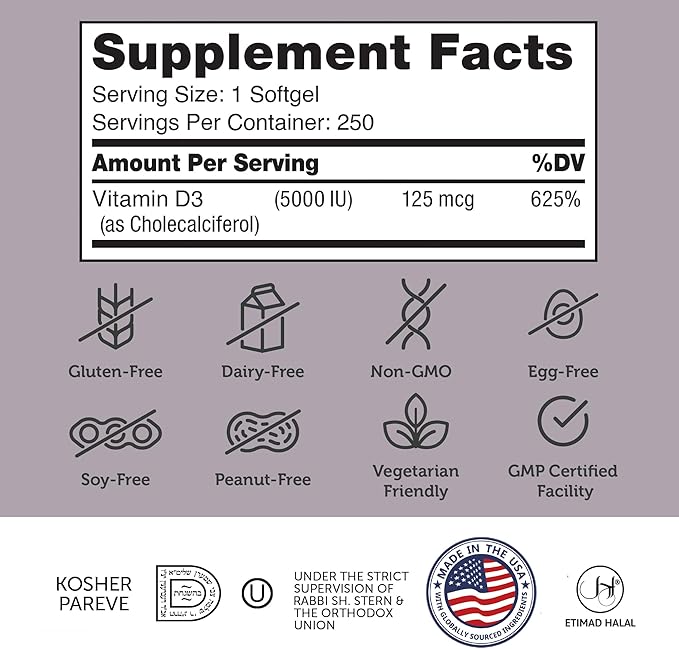 Zahler - Advanced Vitamin D3 5000 IU Softgels (250 Count) Kosher Vegetarian Friendly Vitamin D for Immune Support, Bone, Teeth & Muscle Health - Daily D3 Vitamin Supplement for Adults - Easy Swallow V