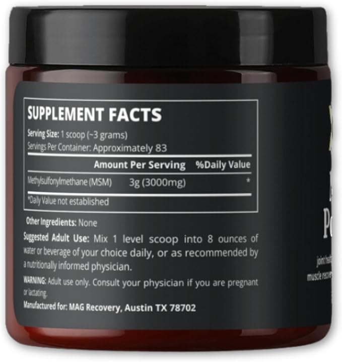 MSM Powder - 100% Organic Sulfur Crystals for Joint Support, Muscle Recovery, Skin Health, Nail & Hair Growth - Lab Tested - 83 Servings (250g)