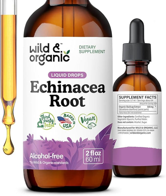Wild & Organic Echinacea Tincture - Immune Support Drops with Liquid Echinacea Root Extract - Angustifolia Supplements - Vegan, Sugar & Alcohol-Free - 2 fl oz