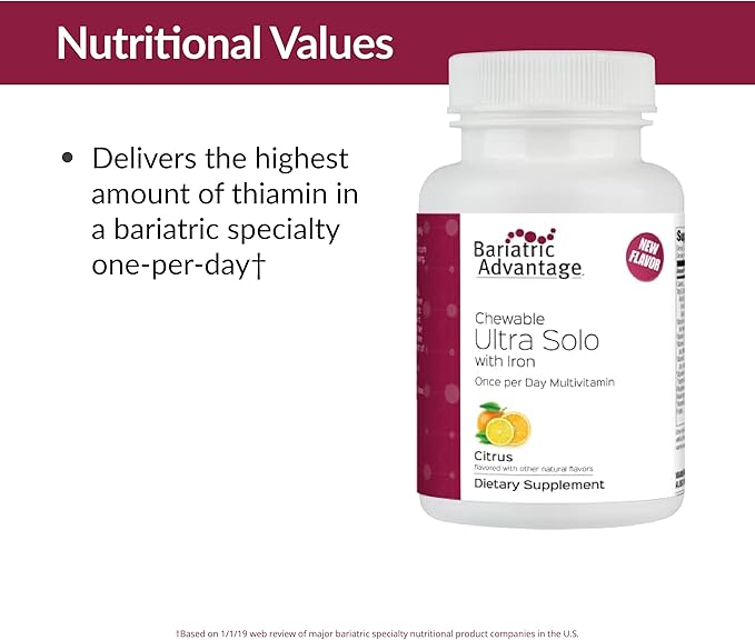Bariatric Advantage Chewable Ultra Solo with Iron Daily Multivitamin for Gastric Bypass Surgery and Sleeve Gastrectomy Patients, Includes Vitamin B12, C, D, K, Thiamin and Copper - Citrus, 30 Count