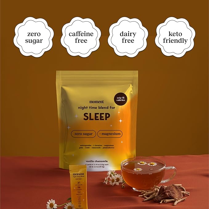 Moment Sleep Tea (Shark Tank) | Vanilla Chamomile | Melatonin Alternative | 0 Sugar | Low Calorie | 0 Caffeine | Mushroom Drink | Adaptogens, Reishi, GABA, Magnesium, Chamomile | Keto | 15 Servings