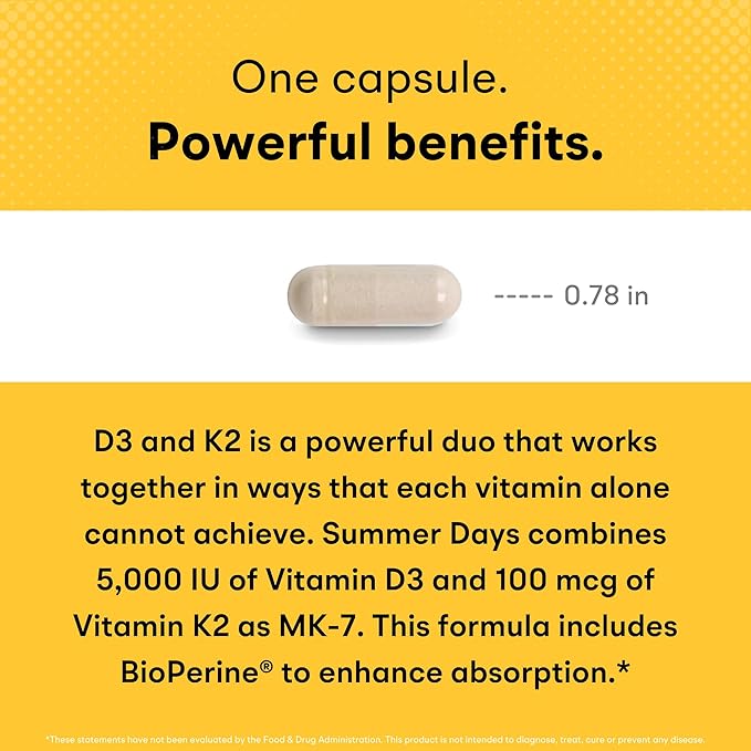 Vitamin D3 K2 - Max Absorption, 5000 IU Vitamin D3 + K2 MK7 100 mcg with BioPerine Black Pepper Extract - Immune, Bone & Heart Health Supplement - Non-GMO - 90 Capsules