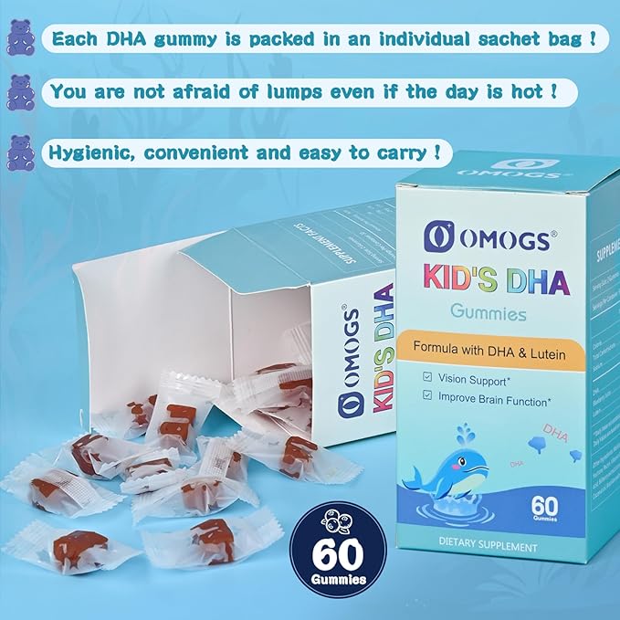 Children’s DHA Blueberry Flavoured Gummies, with Lutein, Omega-3 & Vitamin C Algae DHA, for Eye Health, Brain Health & Healthy Immunity, Gluten Free, Vegan, 60 Gummies.