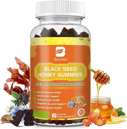 Black Seed Oil Sea Moss Gummies with Ashwagandha, Burdock Root, Linden Honey, Elderberry, Turmeric, Vitamin C, D3 & Zinc - Supports Immunity, Joints, Digestion, Hair & Skin, Vegan Gummies 60 Counts