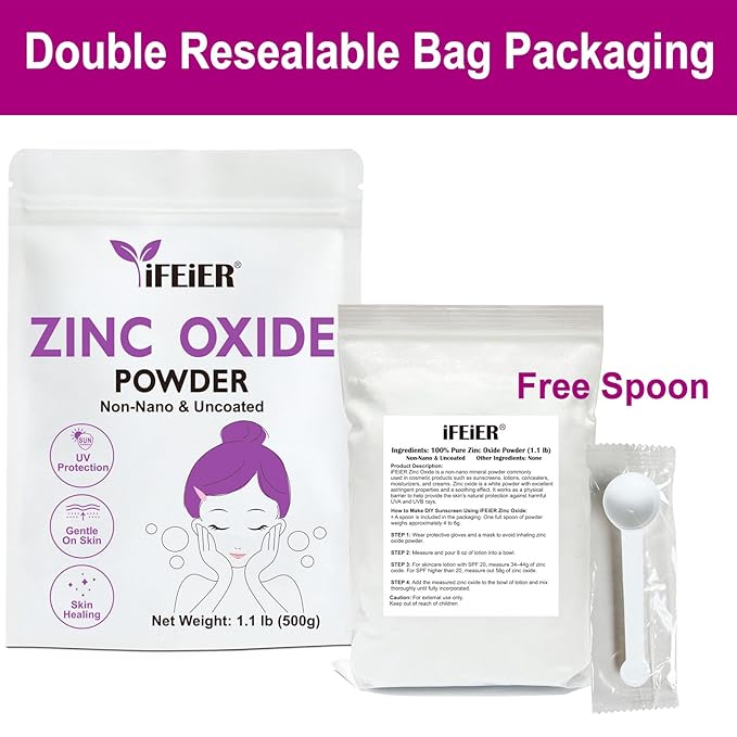 Zinc Oxide Powder | 500g(1.1 lb) 100% Pure Non Nano Uncoted Zinc Oxide Powder for Skin Protection | Cosmetics Grade Ideal for DIY Sunscreen, Lotion, Deodorant, and Skincare