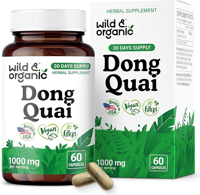 Wild & Organic Dong Quai Capsules for Women - 1000 mg per Serving - Dong Quai Root Supplement - 30-Day Supply - Traditional Angelica Sinensis - Non-GMO, Vegan - 60 Count