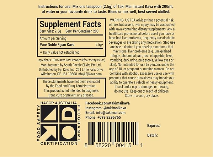 Taki Mai Instant Kava Kava Powder 500g – Premium Kava Root Powder with High Kavalactone Content – Natural Relaxation Aid for Calmness, Stress Relief, and Sleep Support – Easy-to-Mix
