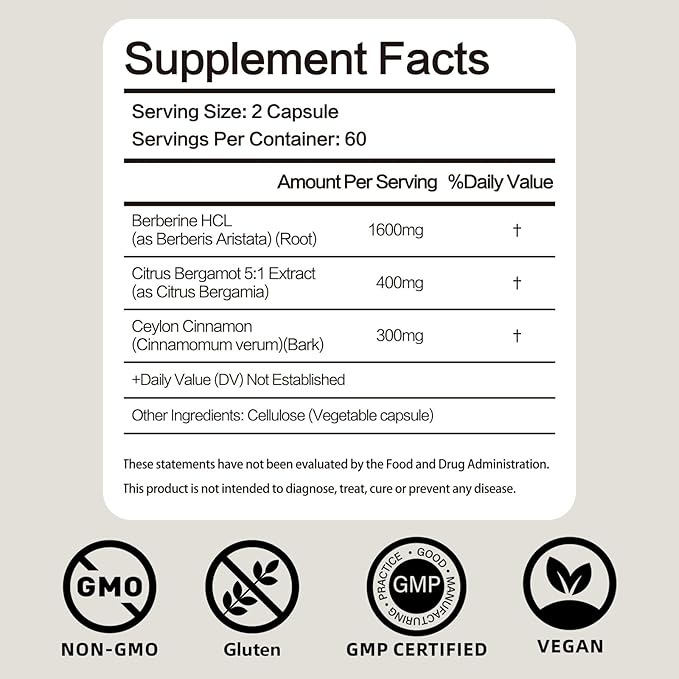 Berberine Supplement 2300MG with HCI & Ceylon Cinnamon, Premium Berberine Capsules for Health Support, Advanced Formula for Men and Women- 120 Capsules