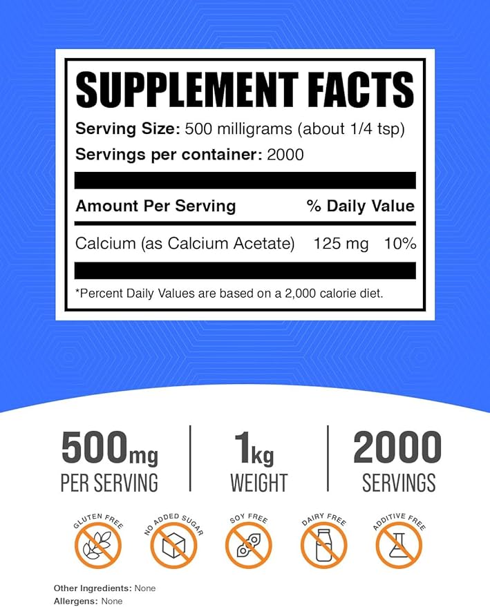 BulkSupplements.com Calcium Acetate Powder - Calcium Supplement, Calcium Powder - Food Grade, for Bone Health, 500mg (125mg Calcium) per Serving, 1kg (2.2 lbs)