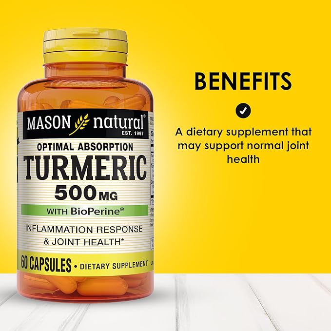 MASON NATURAL Optimal Absorption Turmeric 500 mg with BioPerine, Supports Normal Joint Health, 60 Capsules