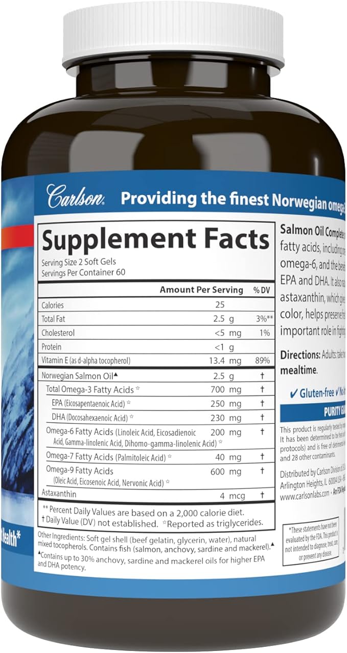 Carlson - Salmon Oil Complete, 700 mg Omega-3s + Astaxanthin, Cardiovascular Support, Brain Function & Joint Health, 120 soft gels
