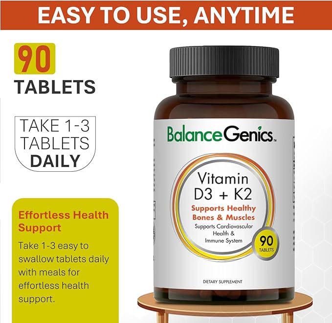 Vitamin D3 + K2 for Healthy Bones & Muscles - Dietary Supplement Supports Immune System, Muscle Function & Overall Wellness - Calcium Supplement with Organic Formula - 50mcg D3&75mcg K2