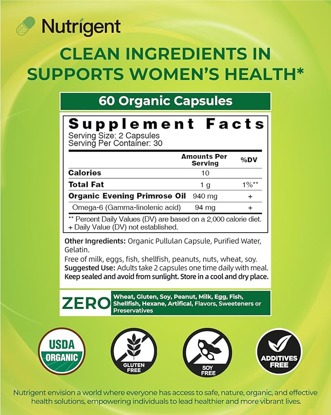 Organic Evening Primrose Oil Supplement, 940 mg 100% Pure with 10% GLA, High Absorption Liquid Organic Capsules, Promotes Women's Health & Skin Health, Cold Pressed, 60 Count