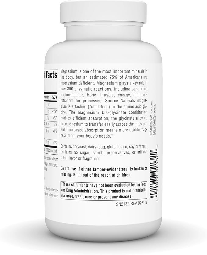 Source Naturals Magnesium Bis-Glycinate, Supports Cardiovascular and Muscle Health* - 120 Tablets