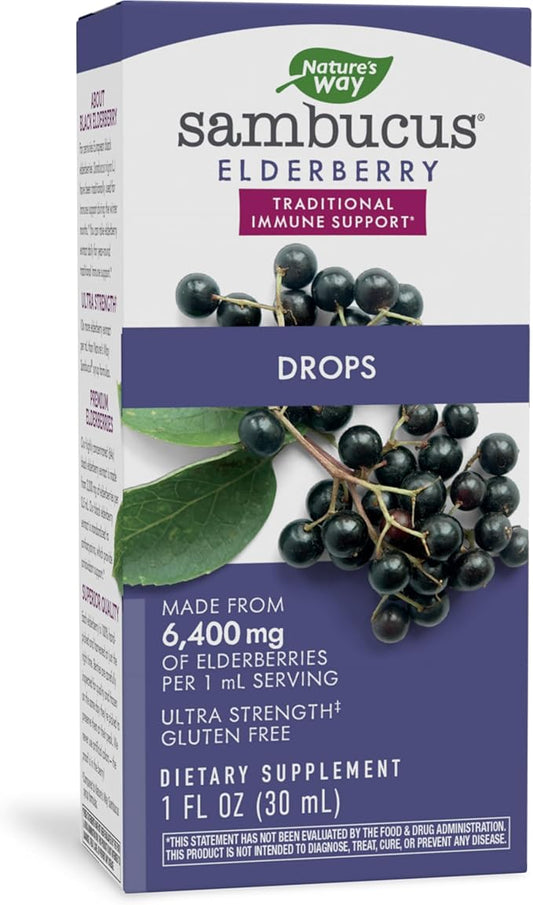 Nature's Way Sambucus Elderberry Drops with Ultra Strength Elderberry, Immune Support*, Made from 6400mg of Elderberries per 1 mL, 1 Fl. Oz.