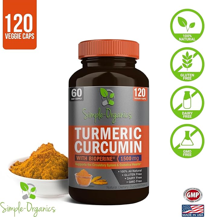 Turmeric Curcumin with Bioperine, Black Pepper Extract for Absorption, Natural Joint Support and Overall Health, 1500mg per Serving, 120 Vegan Capsules