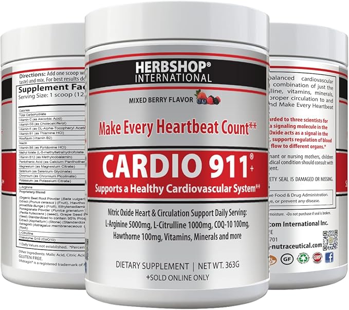 Cardiovascular Support Supplement (30 Servings, Over 12g per) Nitric Oxide Drink Mix (366 Grams, Mixed Berry)