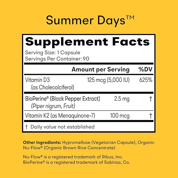 Vitamin D3 K2 - Max Absorption, 5000 IU Vitamin D3 + K2 MK7 100 mcg with BioPerine Black Pepper Extract - Immune, Bone & Heart Health Supplement - Non-GMO - 90 Capsules