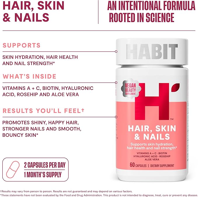 Habit Hair, Skin & Nails Supplement (60 Capsules) - New Look, Supports Skin Hydration, Hair & Nail Strength, Biotin 2000mcg, Vitamin A & C, Hyaluronic Acid, Rosehip, Vegan, Non-GMO (1 Pack)