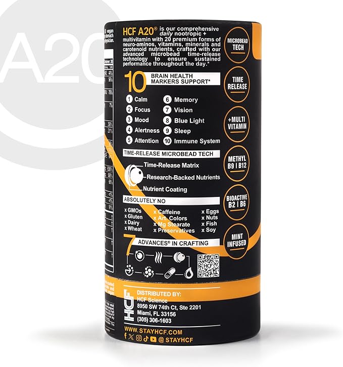 HCF A20 Microbead Brain Health Supplements for Adults for Memory, Focus, Calm, Mood, Alertness, Attention, Vision, Sleep, Immune System, 20 Premium Nootropic Nutrients Multivitamin & 7 Advances® Tech