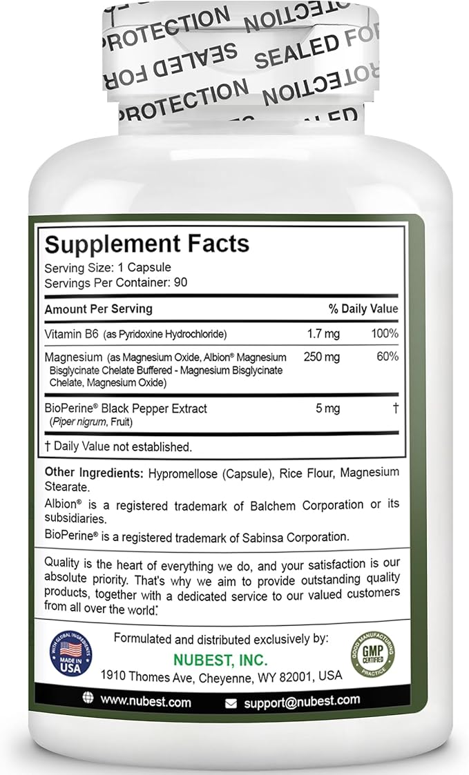 NuBest Magnesium Glycinate Chelate Complex with Albion Magnesium Bisglycinate Chelate, Magnesium Oxide, Vitamin B6 & BioPerine for Bone, Muscle, Natural Sleep, Nerve Function, Brain Booster (Pack 2)