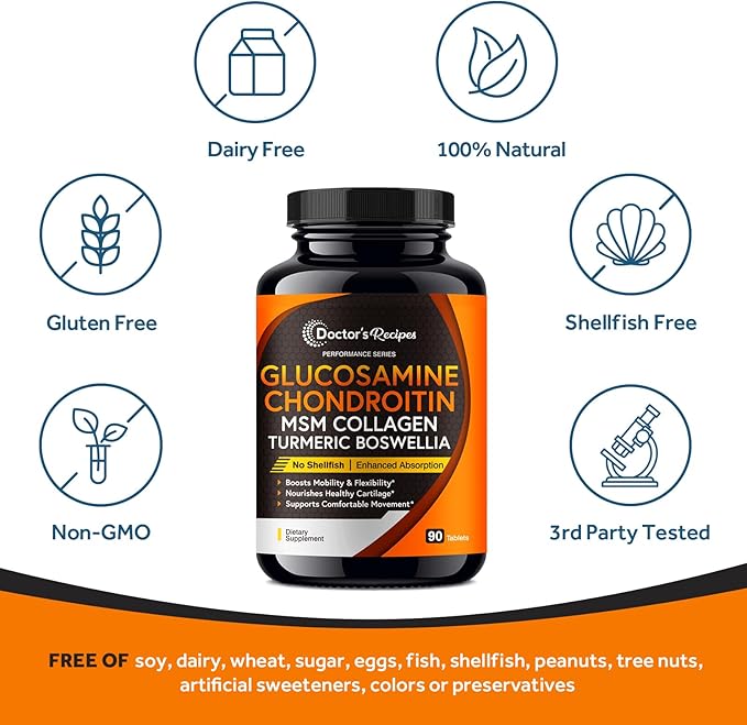 Doctor's Recipes Glucosamine Chondroitin MSM Turmeric Quercetin, Movement Support Supplement for Men & Women, with Black Pepper for High Absorption, Mobility & Flexibility, No Shellfish, 90 Tablets