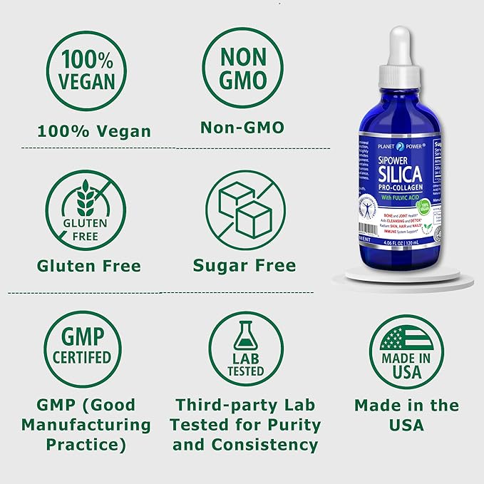 SiPower Silica Vegan Collagen, Supplement Drops - Liquid Orthosilicic Acid (CH-OSA) + Fulvic Acid. Natural Collagen Booster for Joints, Bones, Hair, Skin, Nails, Immune & Digestive Health-4oz