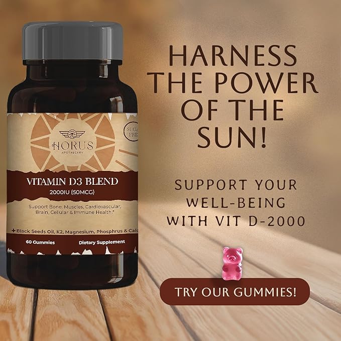 Vitamin D3 2000 IU Sugar Free Gummies with Black Seed Oil - Supports Bone, Muscle, Cardiovascular & Immune Health - Includes K2, Magnesium, Phosphorus & Calcium - Chewable Vitamin D