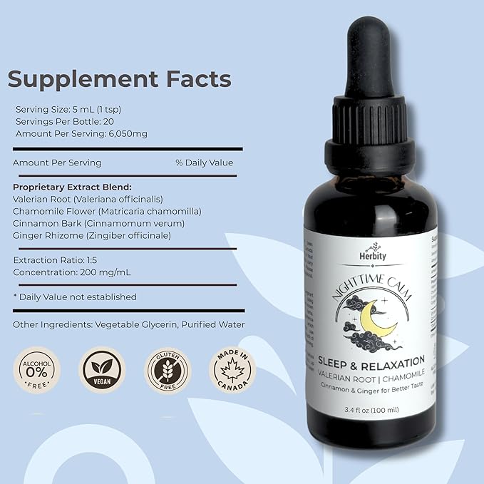 Nighttime Calm – Valerian & Chamomile Sleep Drops with Cinnamon & Ginger – Alcohol-Free Herbal Tincture for Relaxation & Wind-Down – (1.7 fl oz)