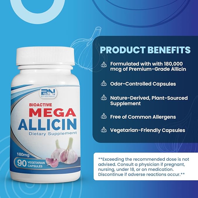 Potent Allicin Odor Controlled Garlic Supplement by Mega Allicin|180,000mcg (180mg) Veggie Capsules with Immune Support, Gluten-Free (90 Count)
