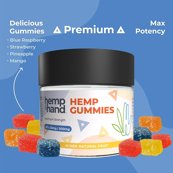 Hemp Gummies 500mg - Max Strength for Adults - Chill, Inflammation, Natural Pain, Restful Sleep (25mg Gummy) - by Hemp and Hand