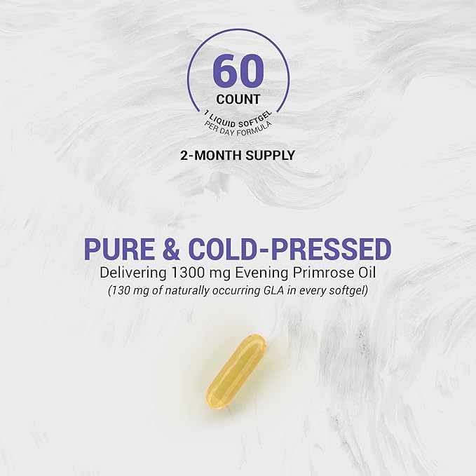 Evening Primrose Oil (1300mg) | 100% Natural from New Zealand | Non-GMO, Soy & Gluten Free, Zero Filler | 60 Softgels