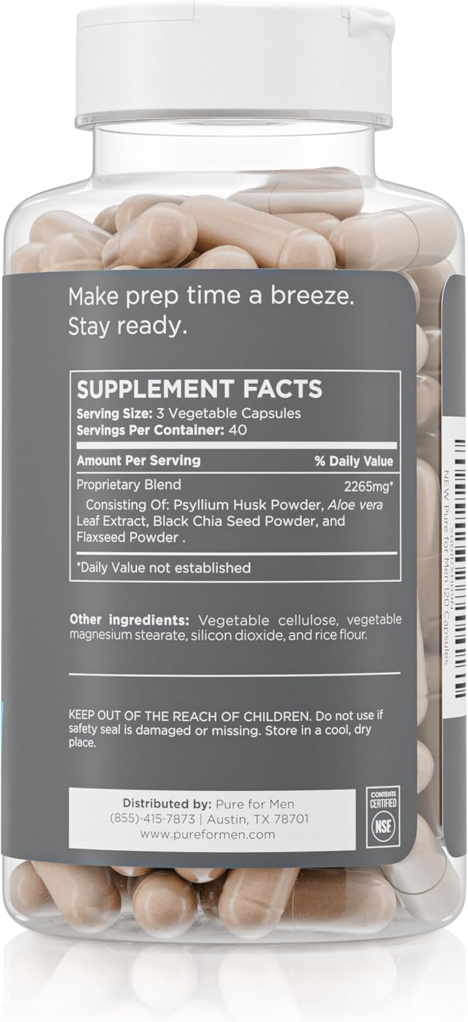 Pure for Men Original Vegan Cleanliness Stay Ready Fiber Supplement | Helps Promote Digestive Regularity | Psyllium Husk, Aloe Vera, Chia Seeds, Flaxseeds | Proprietary Formula | 120 Vegan Capsules