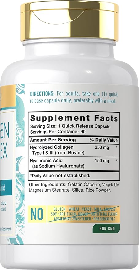 Carlyle Collagen Pills with Hyaluronic Acid 500mg | 90 Capsules | Hydrolyzed Collagen Supplement | Non-GMO, Gluten Free