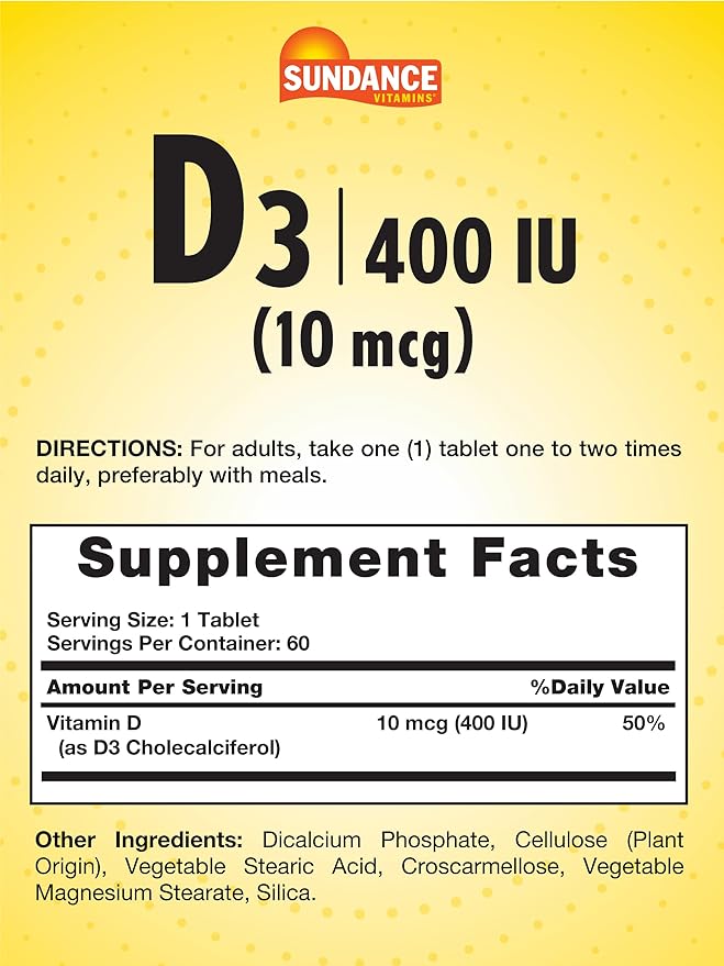Sundance Vitamin D3 400 IU (10 mcg) | 60 Vegetarian Tablets | Essential Vitamin Supplement | Vegetarian, Non-GMO, and Gluten Free Formula