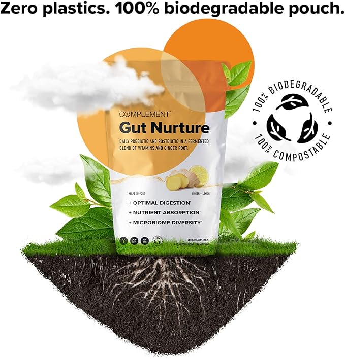 Complement Gut Nurture Prebiotic + Postbiotic Superfood Powder for Leaky Gut Repair, Probiotics for Digestive Health - Ginger Root - 30 Servings