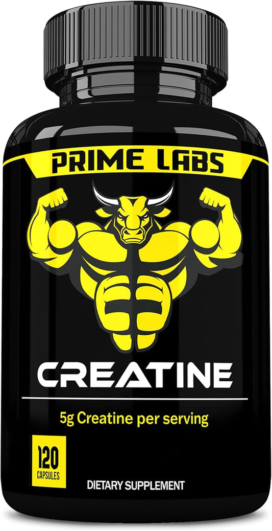 Prime Labs Creatine Monohydrate Capsules - 5g (5000mg) - Muscle Growth, Recovery, Brain Function - for Men & Women - 120 Count