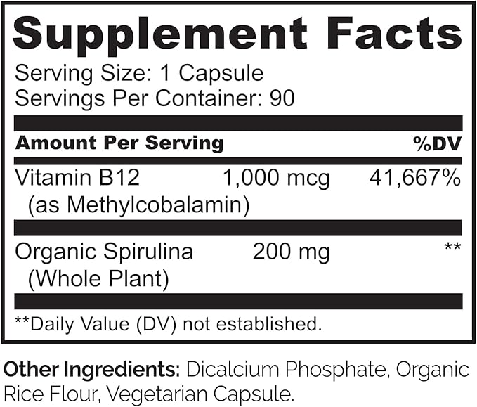 NATURELO Vegan B12 - Methyl B12 with Organic Spirulina - High Potency Vitamin B12 1000 mcg Methylcobalamin - Supports Healthy Mood, Energy, Heart & Eye Health - 90 Capsules (Pack of 2)