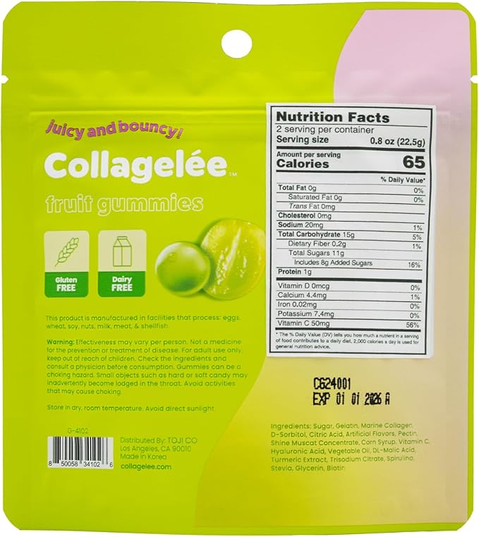 Collagelee Collagen Gummies - Marine Collagen Supplements with Vitamin C, Hyaluronic Acid, & Biotin for Moisturized, Youthful, Plump Skin - Korean Skincare (Shine Muscat Grape)