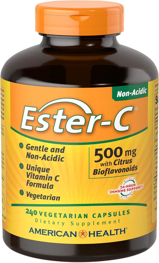 American Health Ester-C with Citrus Bioflavonoids Vegetarian Capsules- 24-Hour Immune Support, Gentle On Stomach, Non-Acidic Vitamin C - Non-GMO, Gluten-Free, Vegan - 500 mg, 240 Count, 120 Servings