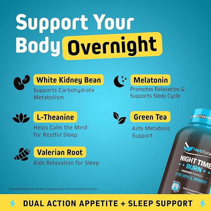 Herbtonics Night Time Weight Supplement & Sleep Aid β Dual-Action Metabolism & Appetite Support | Melatonin, L-Theanine, Lemon Balm, Green Tea Extract | GLP-1 Support | 60 Vegan Capsules