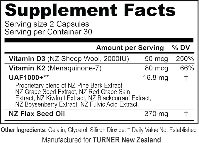 TURNER Vitamin D3 (2000IU) Plus K2 (80mcg), 2 in 1 Formula, Vitamin D3 Liquid with Vitamin K2, 60 Soft-Gels, Support Heart, Teeth & Joint Health, Easy to Swallow